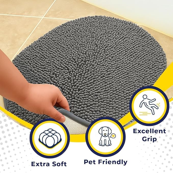 Muddy Mat® Shown on TV – Super Absorbent Microfiber Dog Door Mat for Muddy Paws, Non-Slip Washable Pet Rug, Quick Dry Chenille Entryway Carpet, Machine Washable Indoor Outdoor Mat, Grey Oval 3ft x 5ft
