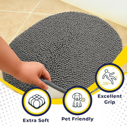Muddy Mat® Shown on TV – Super Absorbent Microfiber Dog Door Mat for Muddy Paws, Non-Slip Washable Pet Rug, Quick Dry Chenille Entryway Carpet, Machine Washable Indoor Outdoor Mat, Grey Oval 6ft x 9ft