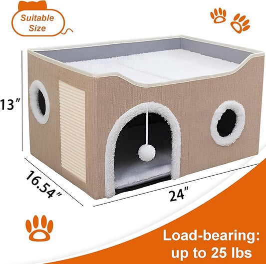 Loyareal Cat Houses for Indoor Cats - Large Cat Bed Cave with Scratch Pad and Fluffy Ball, Foldable Cat Condo Hideaway with Reversible Cushion for Multi Small Pet, Khaki