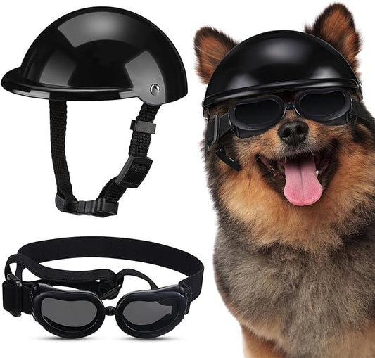 Frienda Dog Helmet and Goggles, UV Protection Doggy Sunglasses and 4 Inch Padded Puppy Motorcycle Helmet Adorable Dog Goggles with Adjustable Belt for Small Dogs Puppy Riding(Black,M)