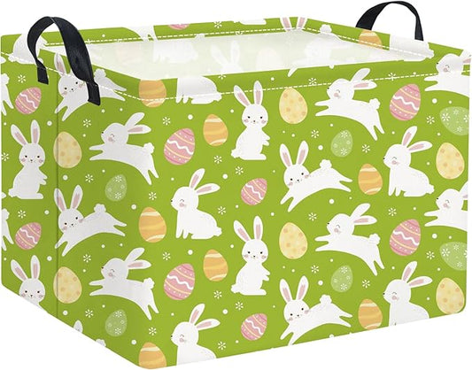 HIYAGON Rectangular Easter Basket Easter Gift Basket Kids Storage Basket Kids Basket Baby Nursery Basket for Boys Bunny Room Decor Cute Toy Storage Organizer Bins Bedroom(Green Easter Bunny)