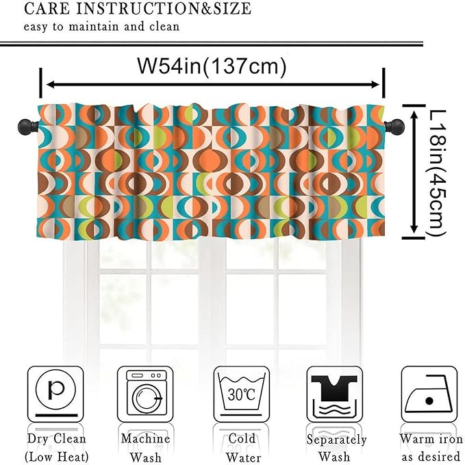 Retro Mid Century Valance Curtains, Colorful 50S 60S 70S Style Vintage Boho Abstract Geometric Circles Window Curtain Valance for Bedroom Living Room Kitchen 54x18inch