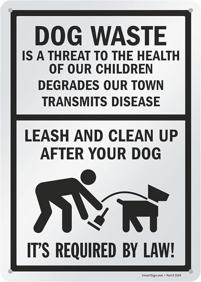 SmartSign 14 x 10 inch “Dog Waste Is A Threat - Leash And Clean Up After Your Dog” Metal Sign, 40 mil Laminated Rustproof Aluminum, Black and White, Made in USA