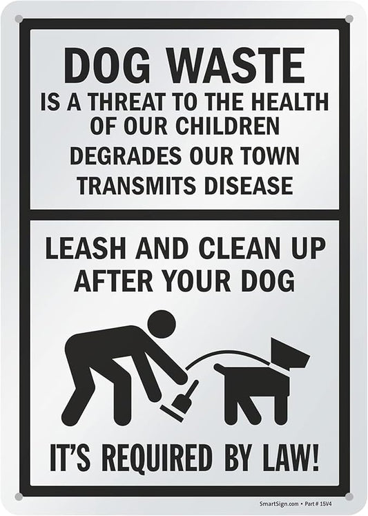 SmartSign 14 x 10 inch “Dog Waste Is A Threat - Leash And Clean Up After Your Dog” Metal Sign, 40 mil Laminated Rustproof Aluminum, Black and White, Made in USA