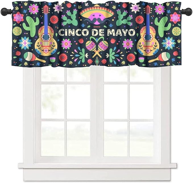 Mexican Style Valances Curtain for Kitchen, Mexico Cinco De Mayo Flowers Cactuses Singer Window Treatment Valances Short Curtains Rod Pocket Drape for Dining Room Home Decor, 54x18inch