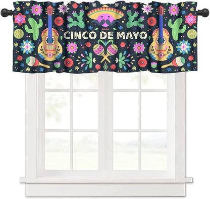 Mexican Style Valances Curtain for Kitchen, Mexico Cinco De Mayo Flowers Cactuses Singer Window Treatment Valances Short Curtains Rod Pocket Drape for Dining Room Home Decor, 54x18inch