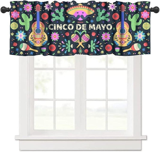 Mexican Style Valances Curtain for Kitchen, Mexico Cinco De Mayo Flowers Cactuses Singer Window Treatment Valances Short Curtains Rod Pocket Drape for Dining Room Home Decor, 54x18inch