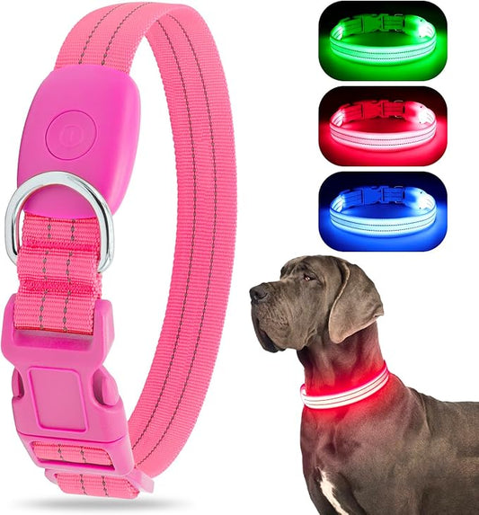 LED Lighted Reflective Dog Collar for Night Safety, USB Rechargeable, Glow Collar for Dogs, Waterproof Adjustable Flashing (Pink, Medium)