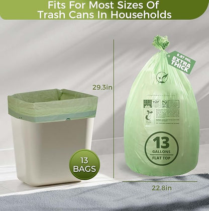 13 Gallon Compostable Trash Bags with Flat-Top, Thick 0.87 Mil, 49.21 Liter, 50 Bags, Tall Kitchen Food Scrap Waste Bag, ASTM D6400, US BPI and OK Compost Home Certified