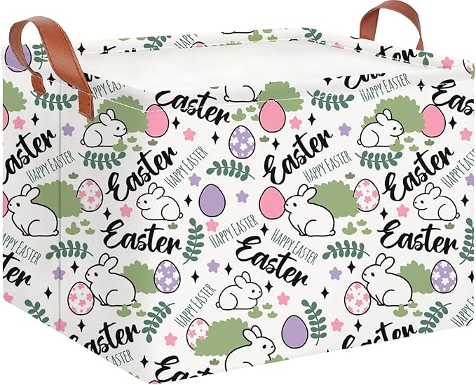 CLOCOR Rectangular Green Easter Gift Basket Empty,Waterproof Storage Basket with Handles,Room Decor(Rabbit Egg)