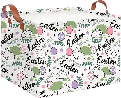 CLOCOR Rectangular Green Easter Gift Basket Empty,Waterproof Storage Basket with Handles,Room Decor(Rabbit Egg)