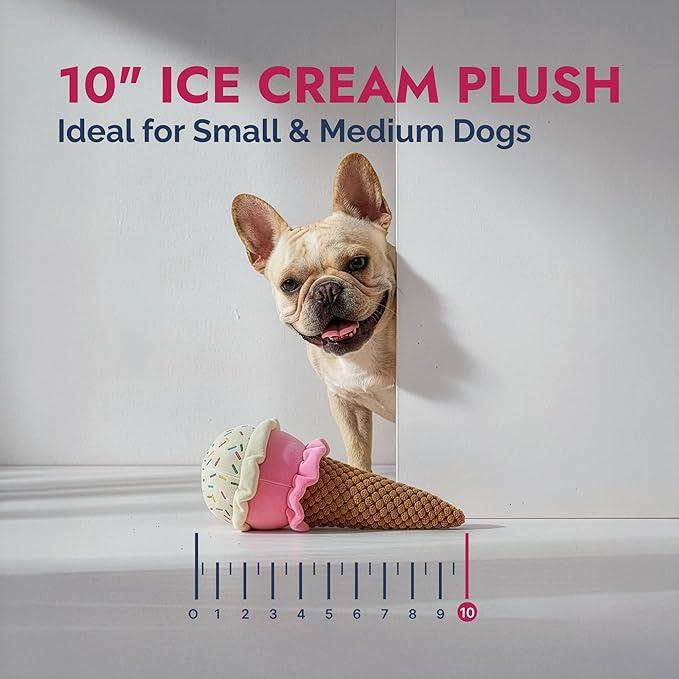 Pet Lou 10 Inch Ice Cream Plush Chew Toy, Boredom Buster Dog Toy with Squeaker and Crinkle, Durable Two-Layer Fabric for Teething Puppies, Heavyweight Plush