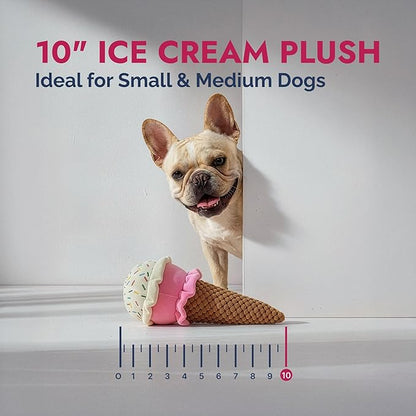 Pet Lou 10 Inch Ice Cream Plush Chew Toy, Boredom Buster Dog Toy with Squeaker and Crinkle, Durable Two-Layer Fabric for Teething Puppies, Heavyweight Plush