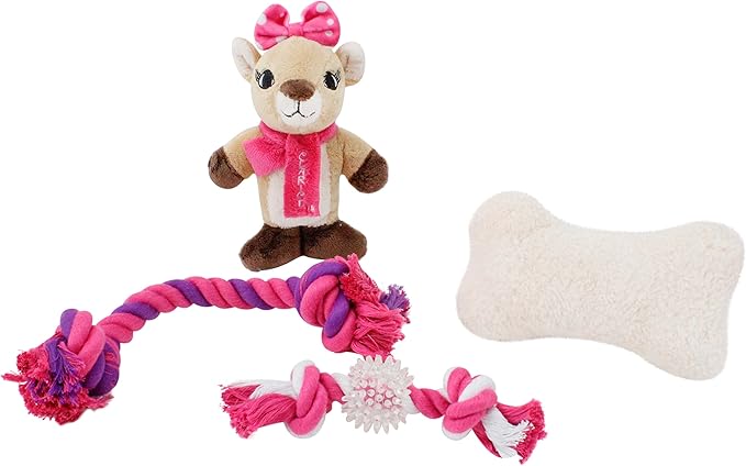 DanDee Rudolph The Red-Nosed Reindeer | 4-Piece Ball, Rope, and Two Squeaker Toy Bundle | Officially Licensed Holiday Pet Gift Sets |Clarice, Pink