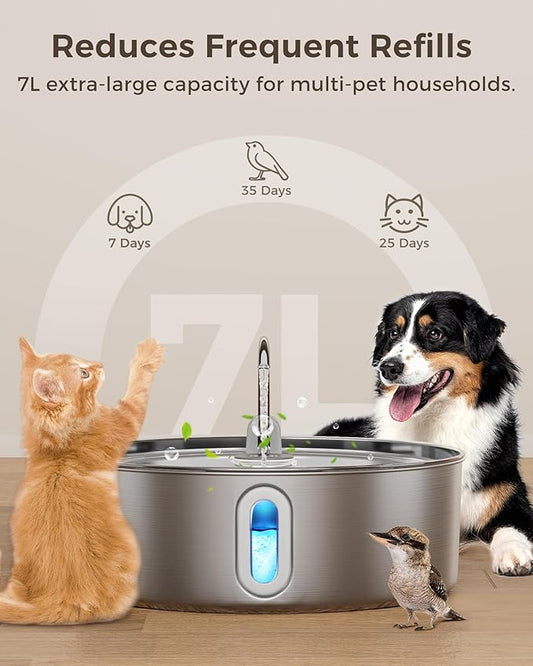 Smartoo Dog Water Fountain for Large Dogs 7L/236oz Stainless Steel Dog Water Bowl Dispenser Automatic Cat Water Fountain with Deeper Drinking Area, Multi-Filtration Pet Fountain with Ultra-Quiet Pump
