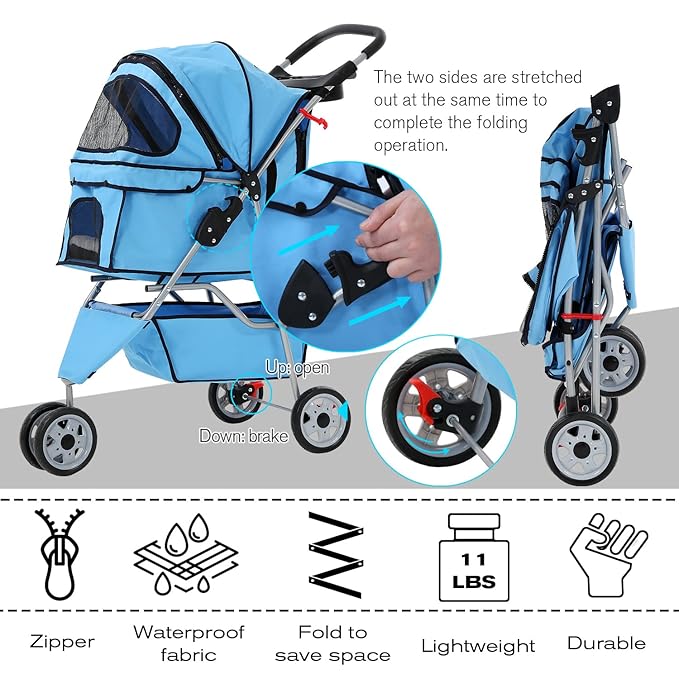 HCY Folding Dog Stroller, 3 Wheels Pet Strollers Pet Gear for Small Medium Cats Dogs Puppy with Storage Basket, Cup Holder,Lightweight Blue 35.04inchx17.32inchx38.58inch