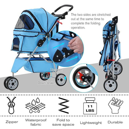 HCY Folding Dog Stroller, 3 Wheels Pet Strollers Pet Gear for Small Medium Cats Dogs Puppy with Storage Basket, Cup Holder,Lightweight Blue 35.04inchx17.32inchx38.58inch