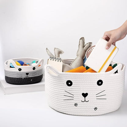 Zopeal Cat Basket Storage Woven Organizer with Ears Easter Decorative Pet Toy Cute Cotton Rope Basket for Gift Cat Dog Toy Bin Nursery Room(13.7 x 7.8 Inch,White)