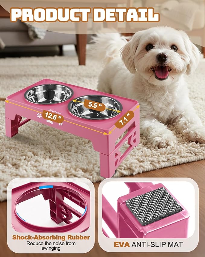 Elevated Dog Bowls for Small Dogs and Cats, Dog Feeder with 2 Thick 5.5" Stainless Steel Dishes, Non-Slip 2 Heights Adjustable to 2.6"-5.3"