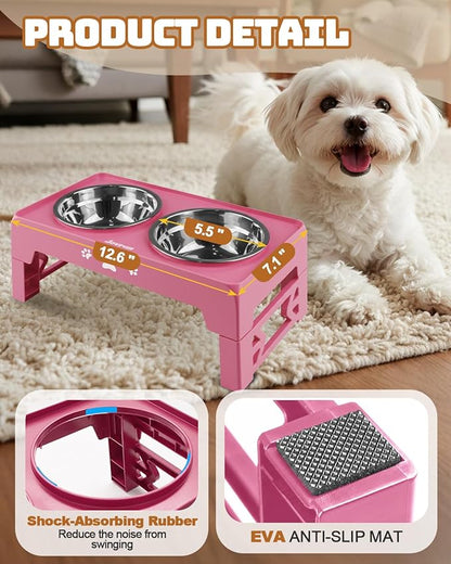 Elevated Dog Bowls for Small Dogs and Cats, Dog Feeder with 2 Thick 5.5" Stainless Steel Dishes, Non-Slip 2 Heights Adjustable to 2.6"-5.3"
