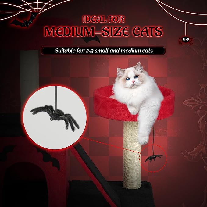 VINGLI 27.6in Gothic Cat Tree with Spacious Cat Condo & 2 Padded Perches, Red & Black Cat Tower with Scratching Ladder, Sisal Posts & Spider Toy for Large Cats