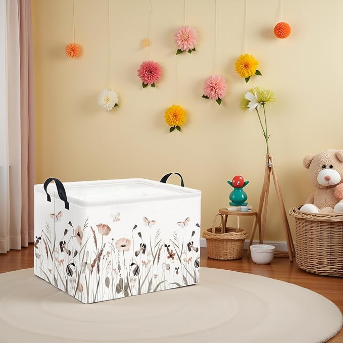 Rectangular Kids Storage Bin Gift Basket Baby Organizer Shelf Book Basket Room Decor(Flower Butterfly)