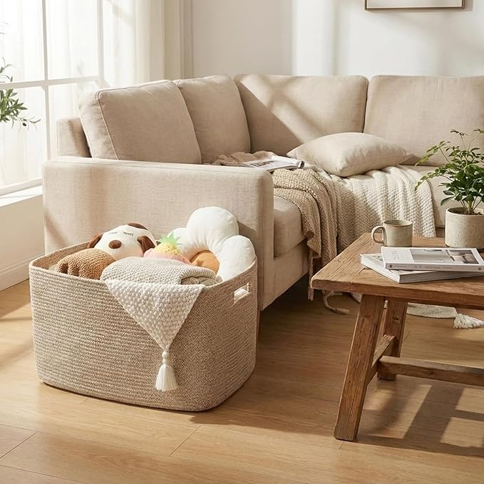 Woven Blanket Basket,96L Large Storage Bin for Blankets Toys Clothes,Decorative Rope Basket for Living Room Bedroom with Handles, Oatmeal