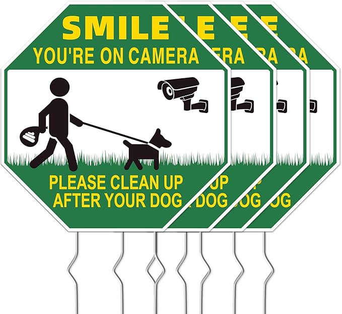Clean UP After Your Dog Signs, 4-Pack 10"x10" Double-Sided Metal Stakes Smile Your on Camera Signs, Pick Up After Your Dog Sign for Yard