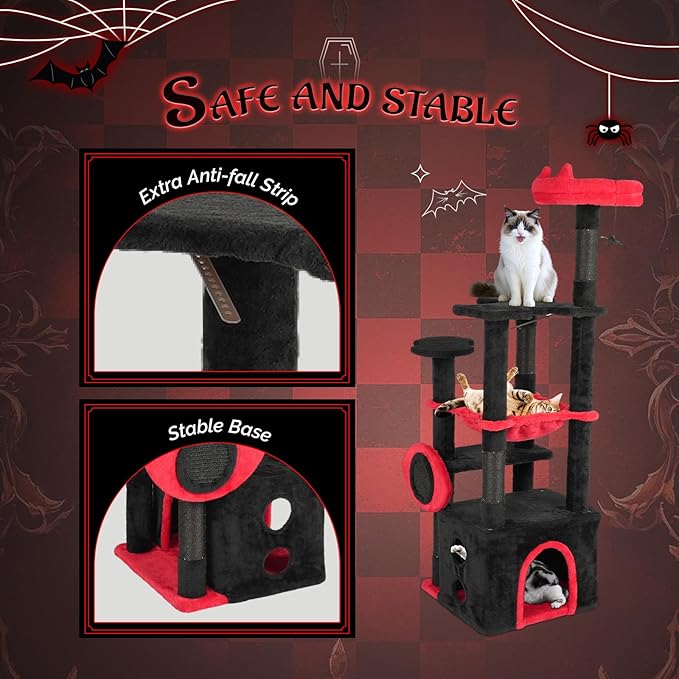 VINGLI 53.2in Gothic Cat Tower with Padded Perch & Spacious Condo, Large Cat Tree with Soft Hammock, Scratching Posts, Hanging Spider Toy, Red & Black Indoor Cat Furniture for Multiple Cats