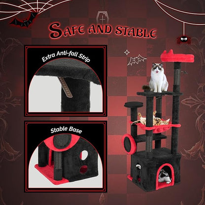 VINGLI 53.2in Gothic Cat Tower with Padded Perch & Spacious Condo, Large Cat Tree with Soft Hammock, Scratching Posts, Hanging Spider Toy, Red & Black Indoor Cat Furniture for Multiple Cats