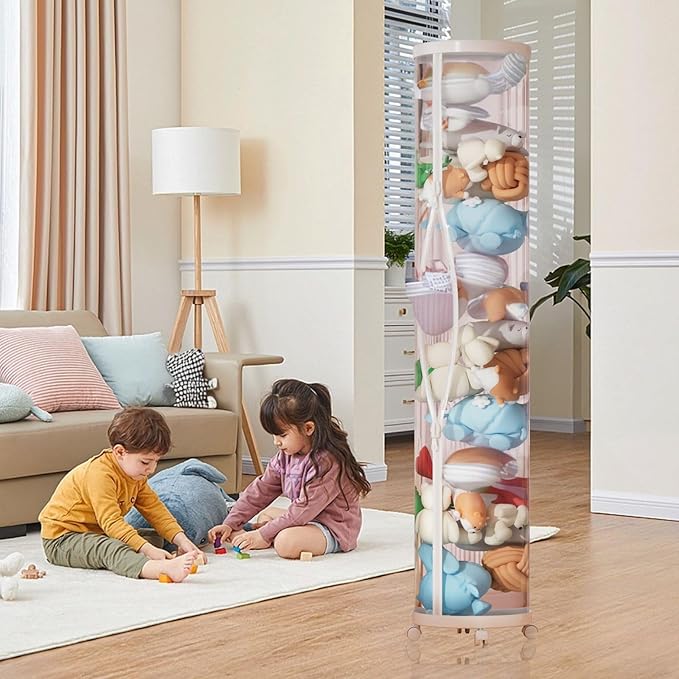 Large Stuffed Animal Storage Tube with Wheels, Tall Toy Organizer with Double Zipper, WhiteClear PET Cylinder Container for Plush Toy Organization, Space Saving Kids Room Storage
