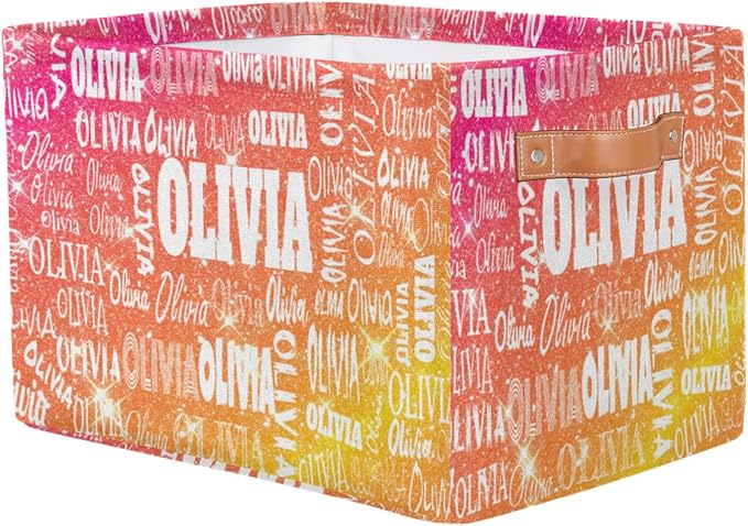 Personalized Storage Basket with Name, Rectangle Toys Storage Bin with Handles for Baby, Boys, Girls, Collapsible Basket for Clothes, Books, Shiny Glitter Starry Red Orange