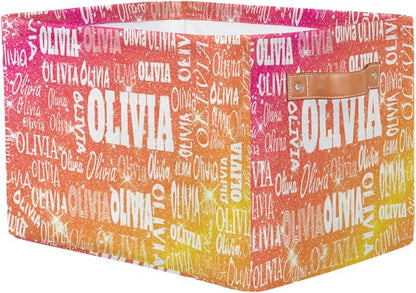 Personalized Storage Basket with Name, Rectangle Toys Storage Bin with Handles for Baby, Boys, Girls, Collapsible Basket for Clothes, Books, Shiny Glitter Starry Red Orange