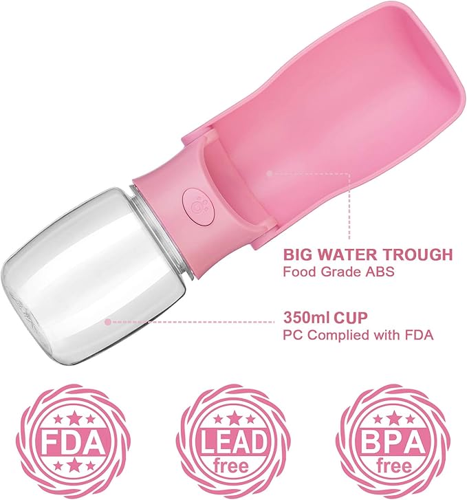 Dog Water Bottle Portable, Leak Proof Foldable Pet Water Dispenser for Dogs & Cats, 350ml (12oz) Dog Water Bowl Drink Cup Pet Summer Accessories for Outdoor Travel Walk Hinking (Pink)