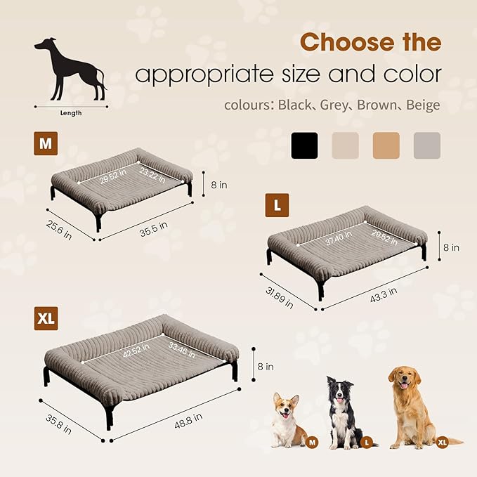 Elevated Dog Bed with Removable Bolster Cushion Mat, Raised Pet Cot for Medium Sized Dog with Breathable & Washable Mesh, Indoor & Outdoor Pet Hammock with Skid-Resistant Feet.