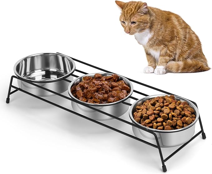 Raised Cat Bowls Triple Dog Cat Feeder Holders 3 Stainless Steel Elevated Pet Water Food Bowl for Cats Puppies Rabbits (3 Bowls)
