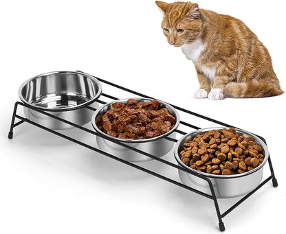 Raised Cat Bowls Triple Dog Cat Feeder Holders 3 Stainless Steel Elevated Pet Water Food Bowl for Cats Puppies Rabbits (3 Bowls)
