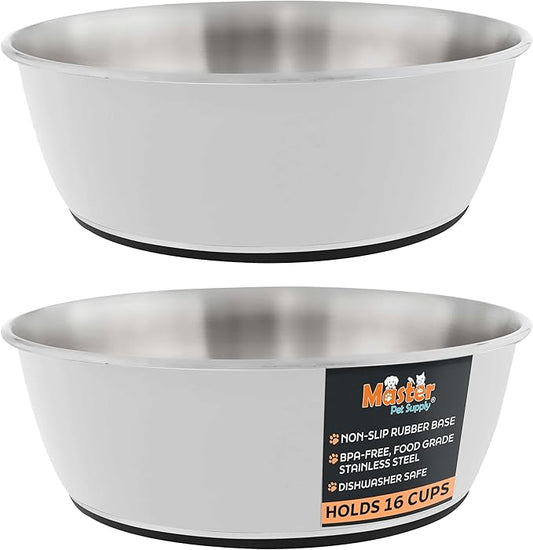 Master Pet Supply Stainless Steel Dog Bowls Set of 2 (128 Oz Each) with Non-Slip Rubber Base - Bone White - Basic Dog Food Bowl Water & Food Bowls for Small Medium Large Dogs & Cats, Metal Dish
