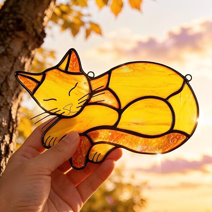 Orange Cat Memorial Suncatcher,Handmade Stained Glass Window Haninging Ornament for Home Decor,Memorial Gifts for Pet Lovers,Pet Loss Sympathy Gift