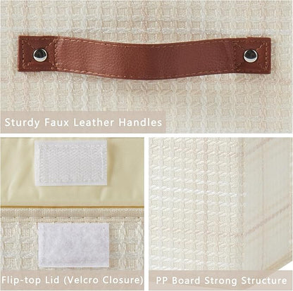 Storage Boxes with Lid 3D Textured Fabric Storage Bins Organizer Containers Decorative Collapsible Washable Shelf Baskets Faux Leather Handles for Home Bedroom Closet (Beige, Small Size)