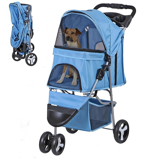 3 Wheels Dog Stroller Folding Pet Strolling Cart for Small Medium Cats Puppies Portable Jogger Travel Camping Puppy Carrier with Storage Basket Cup Holder, Blue