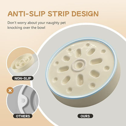Ceramic 0.9 Cup Raised Slow Feeder Dog Bowl Set, Elevated 6.1inch Water Bowl and 6.1inch Slow Dish with Wooden Stand for Small Dogs (2 x Beige+ Stand)