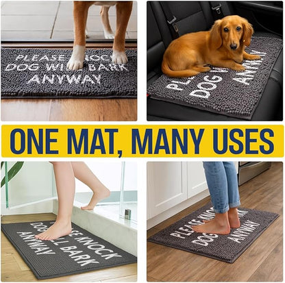 Muddy Mat® Absorbent Microfiber Door Mat and Pet Rug, Non Slip Washable Chenille Indoor Outdoor Rug - Please Knock Dog Will Bark Anyway Funny Dog Welcome Mat 19"x30"