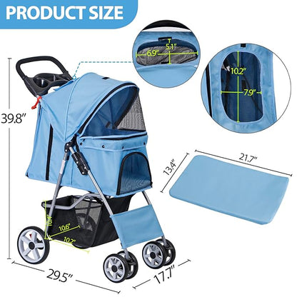LEMY Pet Stroller,4 Wheels Dog Cat Stroller for Small Medium Dog Cats Carrier Jogger Travel Foldable Puppy with Storage Basket and Cup Holder(Blue)