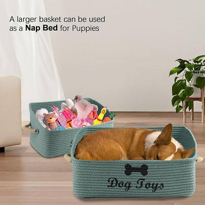 2 pack Woven Dog Toys Basket, 100% Cotton Rope Dog Toy Box for Living Room Area, Trapezoid Pet Toys Bin with Sturdy Handle, Puppy Bed, Green Baskets for Pet Toys/Collar/Leash/Blanket