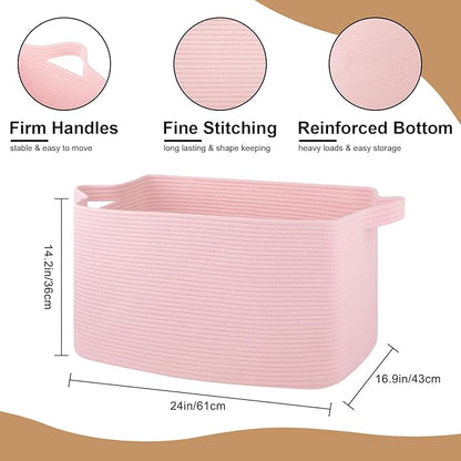 95L Extra Large Blanket Basket, 24" x 16.9" x 14.2" Woven Storage Basket for Living Room, Rectangle Nursery Blanket Storage for Toys, Towels, Dirty Clothes (Pink)