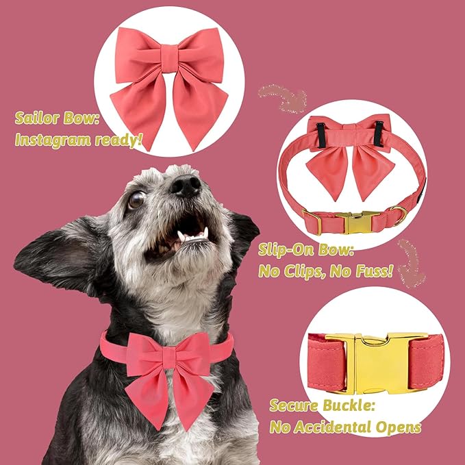 Maca Bates Peach Pink Dog Collar with Cute Solid Sailor Bow Tie for Extra Large Girl Boy Dogs,Girly Adjustbale Durable Breakaway Soft Collars with Bowtie for Female Male Puppy,Pet with Metal Buckle