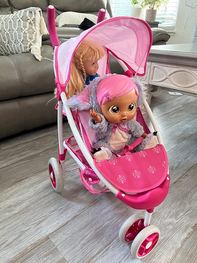 ANIVIA Twin Doll Stroller Heart Design, 1:1 Foldable Double Doll Pram, Suitable for Ages 3+, Dolls Up to 36cm, Pink, DA601T Black