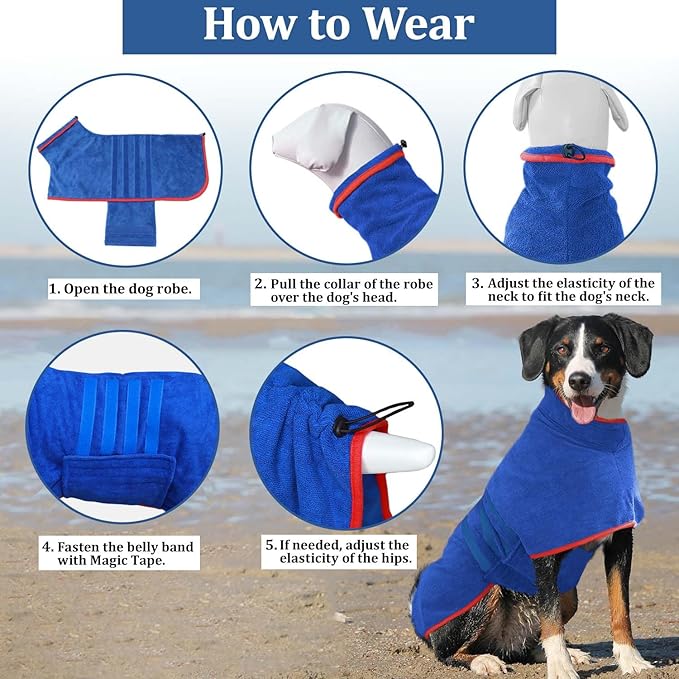 Dog Drying Coat - Fast Drying Dog Bathrobe Towel,Super Absorbent Pet Bath Robe,Microfibre Quick Dry Warm Keeping Robes with Adjustable Collar and Waist (Blue, Small)