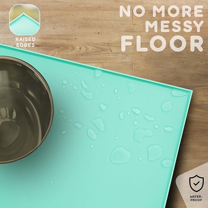 Dog Food Mat - Raised Edges Dogs Mat for Food and Water Prevent Spill, Waterproof Cat Food Mats Protect Floors, Easy Clean Dog Bowl Mats for Food and Water, Silicone Pet Food Tray